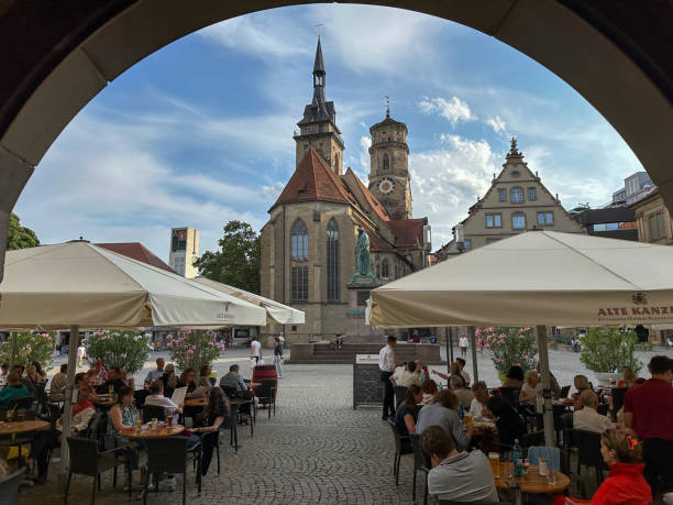 Stuttgart, Germany, July 22, 2023 - The Collegiate Church (Stiftskirche) at Schillerplatz in downtown Stuttgart.