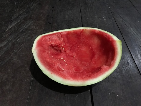 the watermelon has been eaten . watermelon eaten, just the rind left. Part of a series.