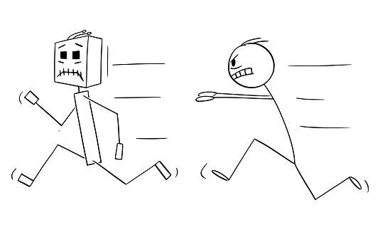 Dangerous mad person or Ai chasing running robot, vector cartoon stick figure or character illustration.