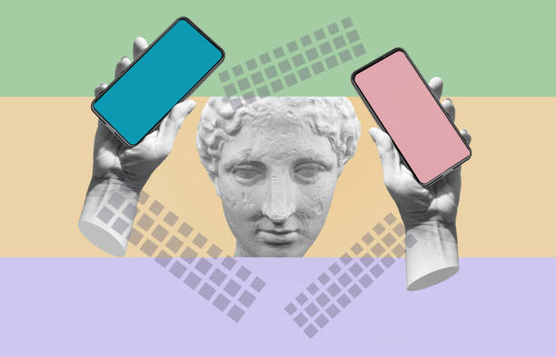 istock Statue holding modern blank frameless screen smartphone in a palm. 1596307294