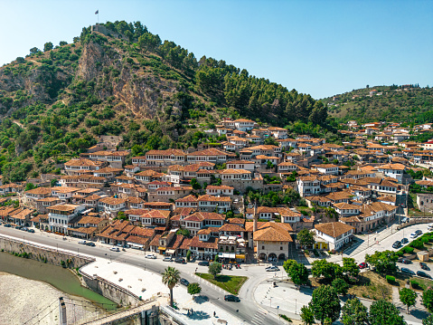 Aerial view over the old town Berat in Albania, also called the city of 1000 windows.