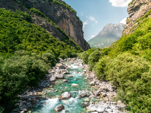 Beautiful and scenic river of Lumi in Shales river, located in the national park of Theth in Albania. Aerial view with blue colored water and mountains in the background.