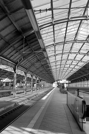 Wroclaw, Poland, May 14, 2022: black and white photo of the railway station