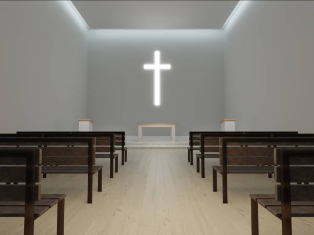 istock Generic modern church interior 3d rendering, large glowing christian cross. Contemporary pray house illustration, religious themes 1596329149