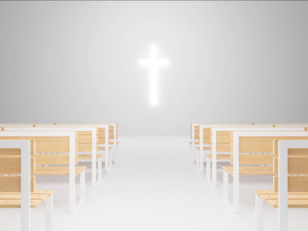 istock Generic bright modern church 3d rendering, large glowing christian cross. Contemporary pray house illustration, religious themes 1596329150