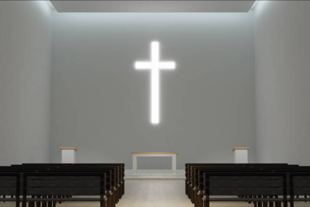 istock Generic modern church interior 3d rendering, large glowing christian cross. Contemporary pray house illustration, religious themes 1596329151