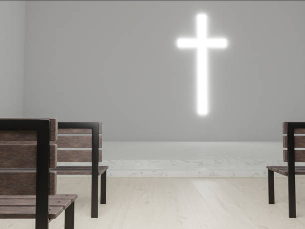 istock Generic modern church 3d rendering, large glowing christian cross above empty scene. Contemporary pray house illustration, religious themes 1596329155