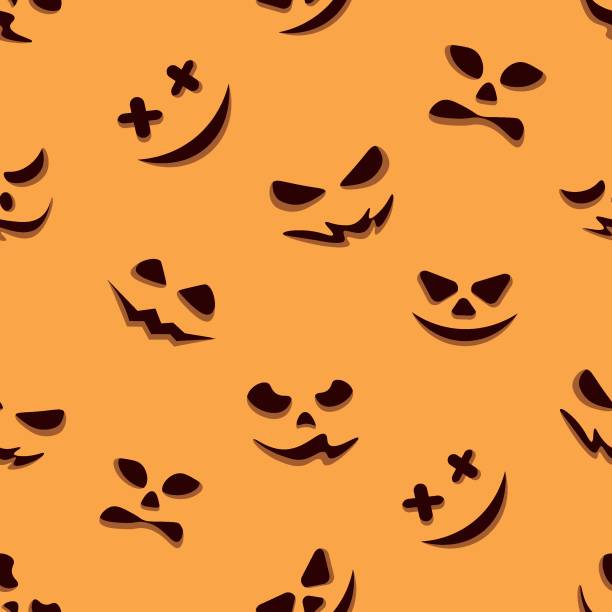 nahtloses muster mit halloween-kürbis-emotionen auf orangefarbenem hintergrund. - goblin stock-grafiken, -clipart, -cartoons und -symbole