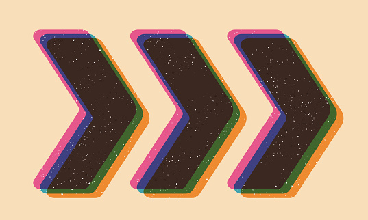 Geometric arrows with riso print effect. Graphic element for flyer, wallpaper, poster. Graphic element. Vintage decoration of 70s 80s, 90s. Aesthetics of the risograph. Deep space surfaces