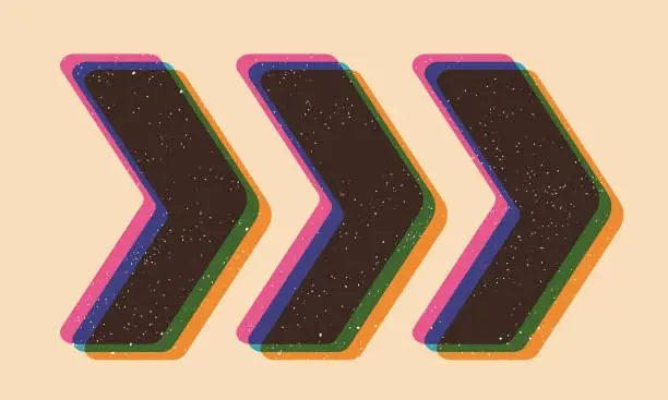 Vector illustration of Geometric arrows with riso print effect. Graphic element for flyer, wallpaper, poster. Graphic element. Vintage decoration of 70s 80s, 90s. Aesthetics of the risograph. Deep space surfaces