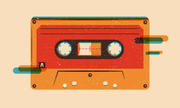 Vector illustration of Retro musiccasette with retro colors eighties style, cassette tape, vector art deep space, mix tape retro cassette design, Music vintage and audio theme, Risograph Synthwave and vaporwave template.