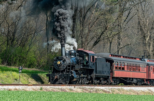 A train is moving along a set of tracks on a sunny day, emitting a large amount of smoke from its engine