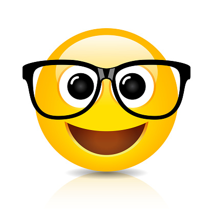 Happy clever nerd emoji, vector cartoon isolated on white background