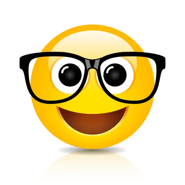 Vector illustration of Happy clever nerd emoji with glasses, vector cartoon