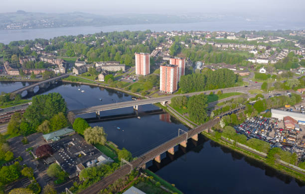 Dumbarton town aerial view with the River Leven and Firth of Clyde Dumbarton town aerial view with the River Leven and Firth of Clyde UK dumbarton castle stock pictures, royalty-free photos & images