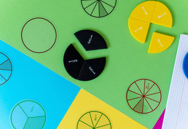 istock Colorful math fractions, numbers, letters on green magenta background. Interesting, fun, creative mathematics for kids. Education, back to school concept. Mathematical background 1596358061