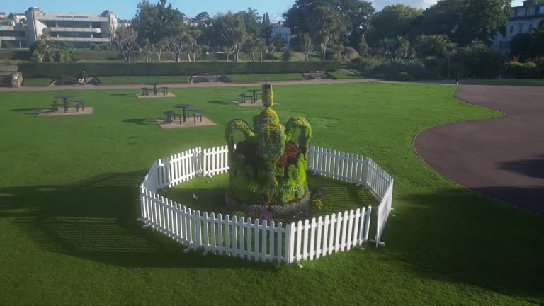 Torquay, Torbay, South Devon, England: DRONE VIEW: A Topiary Crown celebrating King Charles III's coronation on 6th May, 2023 (Clip 2)