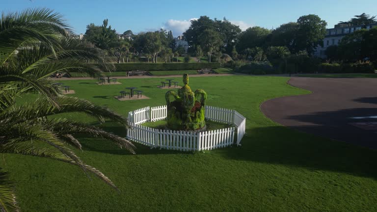 Torquay, Torbay, South Devon, England: DRONE VIEW: A Topiary Crown celebrating King Charles III's coronation on 6th May, 2023 (Clip 1)