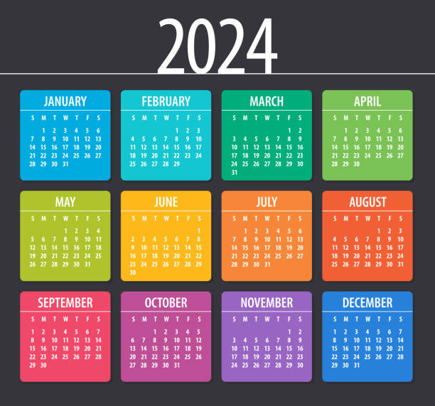 illustrations, cliparts, dessins animés et icônes de calendrier de l’année 2024 - illustration vectorielle. la semaine commence le dimanche - calendrier 2024