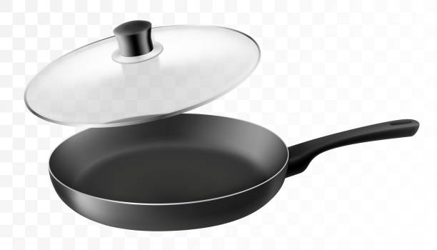 istock Black empty frying pan with a glass lid, with nonstick surface isolated on transparent background, close-up, side view.Design template. Vector realistic 3d. Design Template for Mockup. Food, Concept. 1596388776