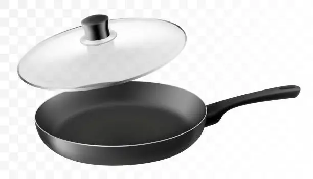 Vector illustration of Black empty frying pan with a glass lid, with nonstick surface isolated on transparent background, close-up, side view.Design template. Vector realistic 3d. Design Template for Mockup. Food, Concept.