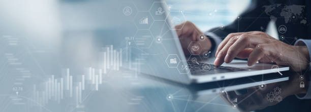 istock Businessman working on laptop computer. Business global internet network technology and digital marketing, Financial and banking, Digital data link, global business 1596395053