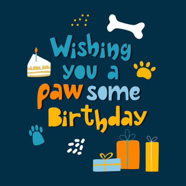 ilustraciones, imágenes clip art, dibujos animados e iconos de stock de deseándole un cumpleaños de cumpleaños dibujado a mano con hueso, pata de perro, cajas de regalo. - birthday card dog birthday animal