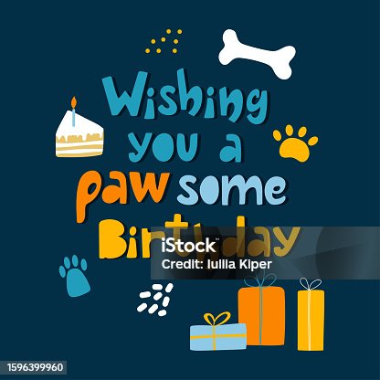 istock Wishing you a pawsome birthday handdrawn lettering compostition with bone, dog paw, gift boxes. 1596399960