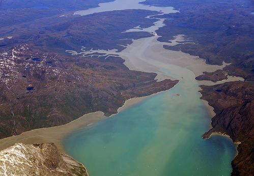 Sermersooq municipality, Greenland: aerial view of Ilulialik fjord in Summer - a northern branch of the Nuup Kangerlua / Nuuk / Godthaab fjord (part of the Davis Strait / Labrador Sea / North Atlantic Ocean).
