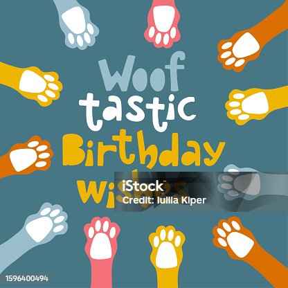 istock Woof tastic birthday handdrawn lettering greeting card for dogs party. 1596400494