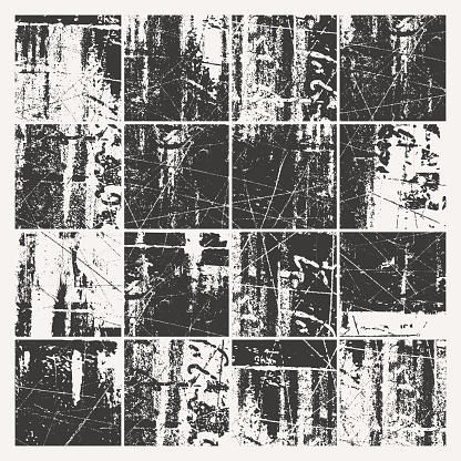 Grunge weathered textures background. Textured illustration. Cut out distressed textures on a grid. Black and white abstract background.