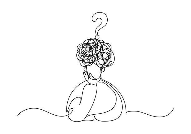 Man with question mark. Man with question mark. Continuous line drawing. skeptical look stock illustrations