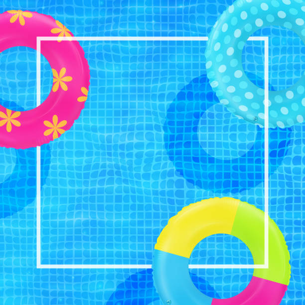 istock Swim rings on swimming pool water background. Frame for text. Inflatable rubber toy. Realistic summertime illustration. Summer vacation or trip concept. Top view swimming circles. 1596448660