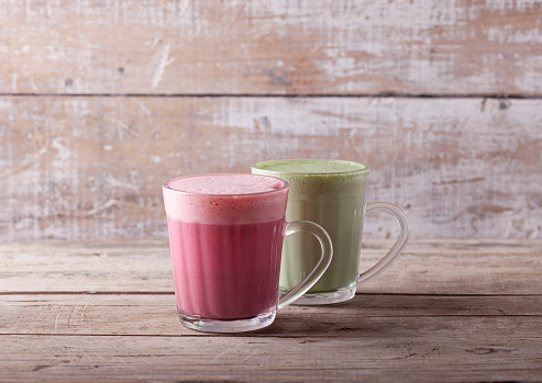 two fruit shakes with milk or yogrt and matcha tea