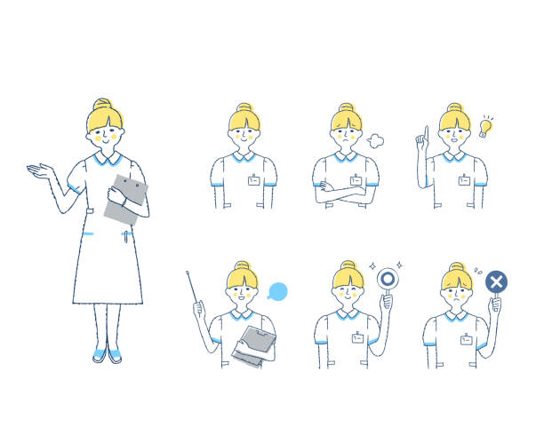 ilustraciones, imágenes clip art, dibujos animados e iconos de stock de conjunto de diversas expresiones faciales de trabajadoras médicas - side view nurse white background full length