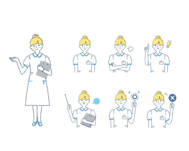 illustrazioni stock, clip art, cartoni animati e icone di tendenza di insieme di varie espressioni facciali di operatori sanitari femminili - side view nurse white background full length
