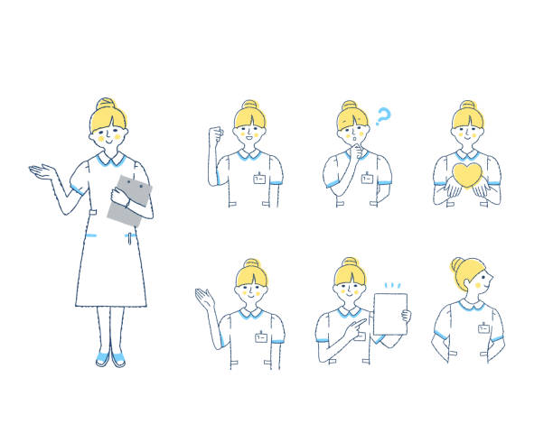 ilustraciones, imágenes clip art, dibujos animados e iconos de stock de conjunto de diversas expresiones faciales de trabajadoras médicas - side view nurse white background full length