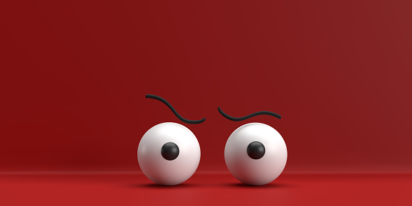Eye gesture concept: Emotional different white eyeballs with line art eyebrow looking at camera, colorfull background with copy space and clipping path. 3D illustration design template, dropped shadow. Set of 9 various looks.