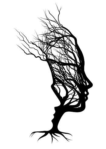 An optical illusion couple tree design with a man and womans faces in silhouette. The womans face is formed by the tree and the mans by the negative space. Could have many meanings as a concept.