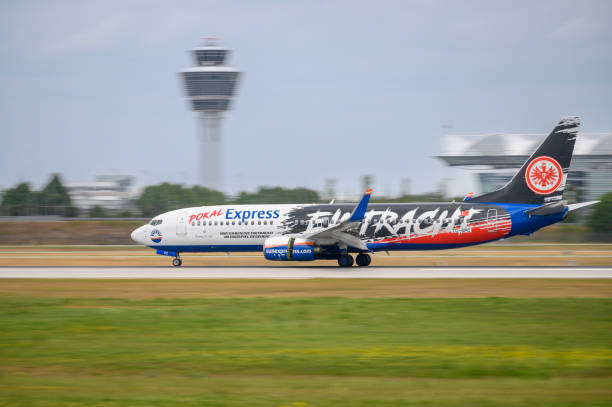 TC-SPC SunExpress Boeing 737-8AS Munich, Germany - July 03. 2023 : SunExpress Boeing 737-8AS with the aircraft registration TC-SPC during landing on the southern runway 26L of the Munich Airport MUC EDDM sunexpress stock pictures, royalty-free photos & images