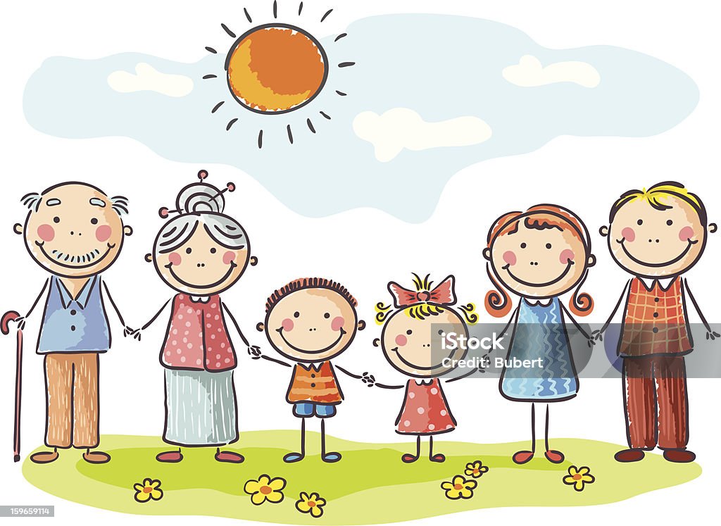 Big family Child's drawing of a happy family spending time outdoors. No gradients. Family stock vector