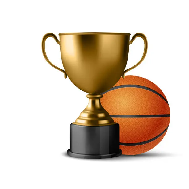 Vector illustration of Realistic Vector 3d Blank Golden Champion Cup Icon wirh Basketball Set Closeup Isolated on White. Design Template of Championship Trophy. Sport Tournament Award, Gold Winner Cup and Victory Concept