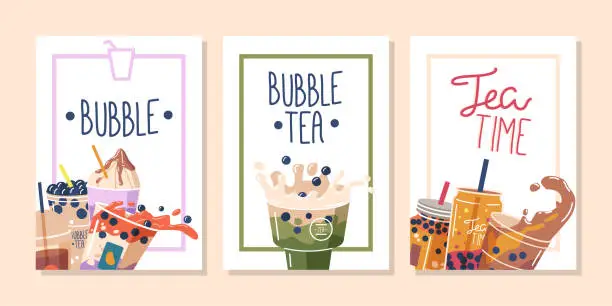 Vector illustration of Banners With Bubble Tea: Eye-catching And Colorful Designs Showcasing Delicious Bubble Tea Varieties Vector Illustration