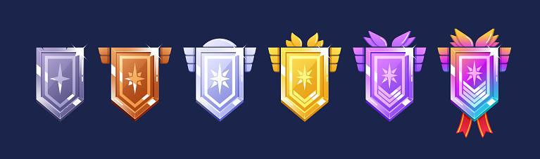 Game Achievement Badges, Metallic Level Ui Icons, Iron, Bronze, Silver Or Steel, Gold, and Platinum Banners With Wings, and Stars. Isolated Metal Award Frames Or Bonus Trophy. Cartoon Vector Set