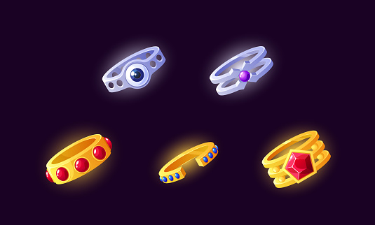 Cartoon Enchanting Rings Imbued With Mystical Powers, Believed To Grant Their Wearer Special Abilities Or Protection, Forming A Captivating Element In Folklore And Fantasy Tales. Vector Illustration