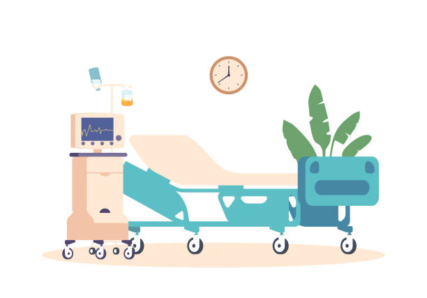ilustraciones, imágenes clip art, dibujos animados e iconos de stock de interior moderno de la cámara del hospital equipada con una cama cómoda y un control avanzado del sistema de vida - equipped
