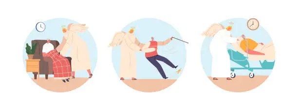 Vector illustration of Isolated Round Icons of Angel Guardians Protect And Support Elderly People, Guiding Them Through Challenges