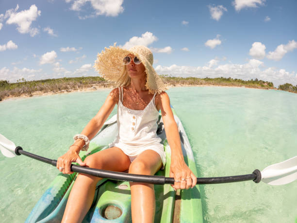 istock Woman canoeing on tropical lagoon in Mexico 1596608155