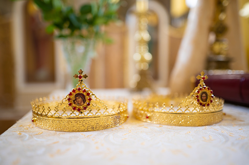 close-up of golden crowns in a Ukrainian church