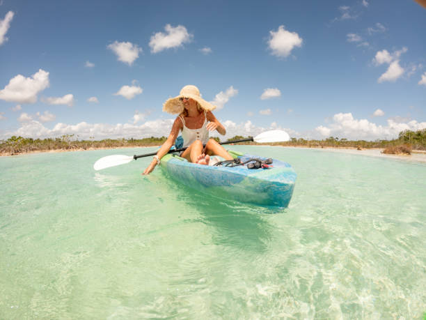 istock Woman canoeing on tropical lagoon in Mexico 1596615228